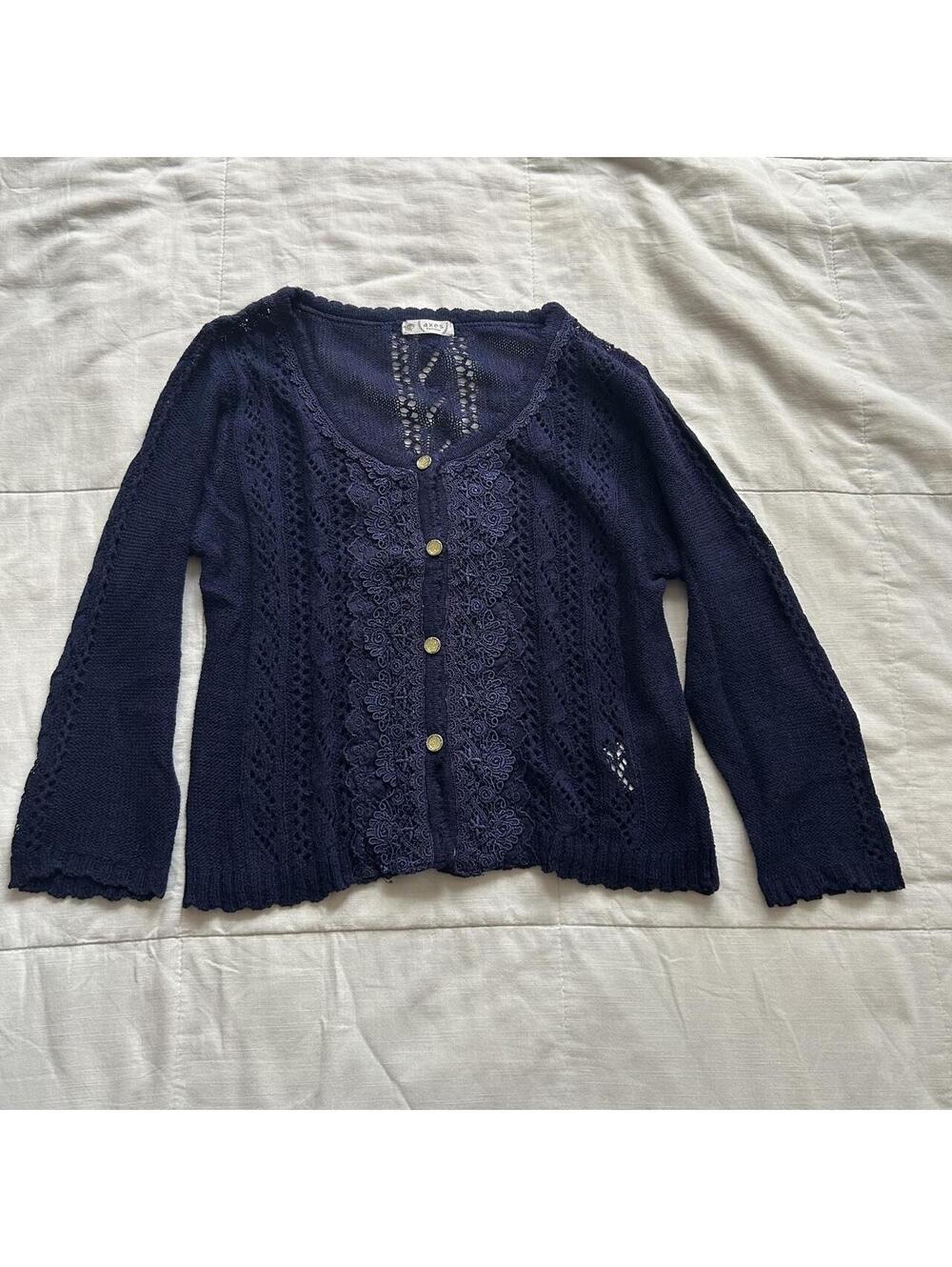 Axes Femme Navy Pointelle Lace Knit Cardigan Gold Buttons Medium Japan